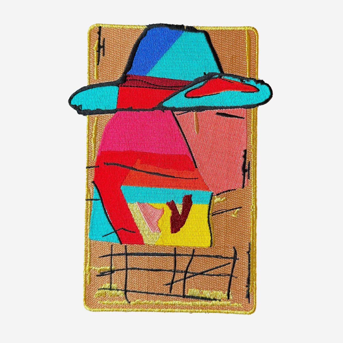 Colorful patch of a stylized figure with a large hat on a beige background