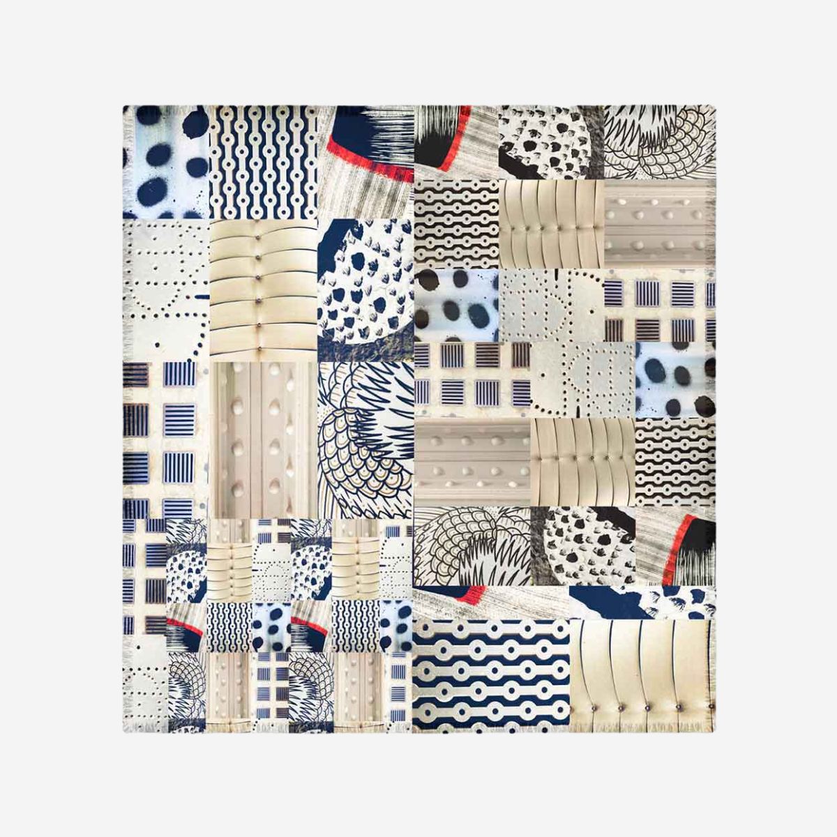 C’est La Vie Silk Scarf by Isabelle Gougenheim shown flat, featuring a cream, navy, black and red patchwork-style abstract design.