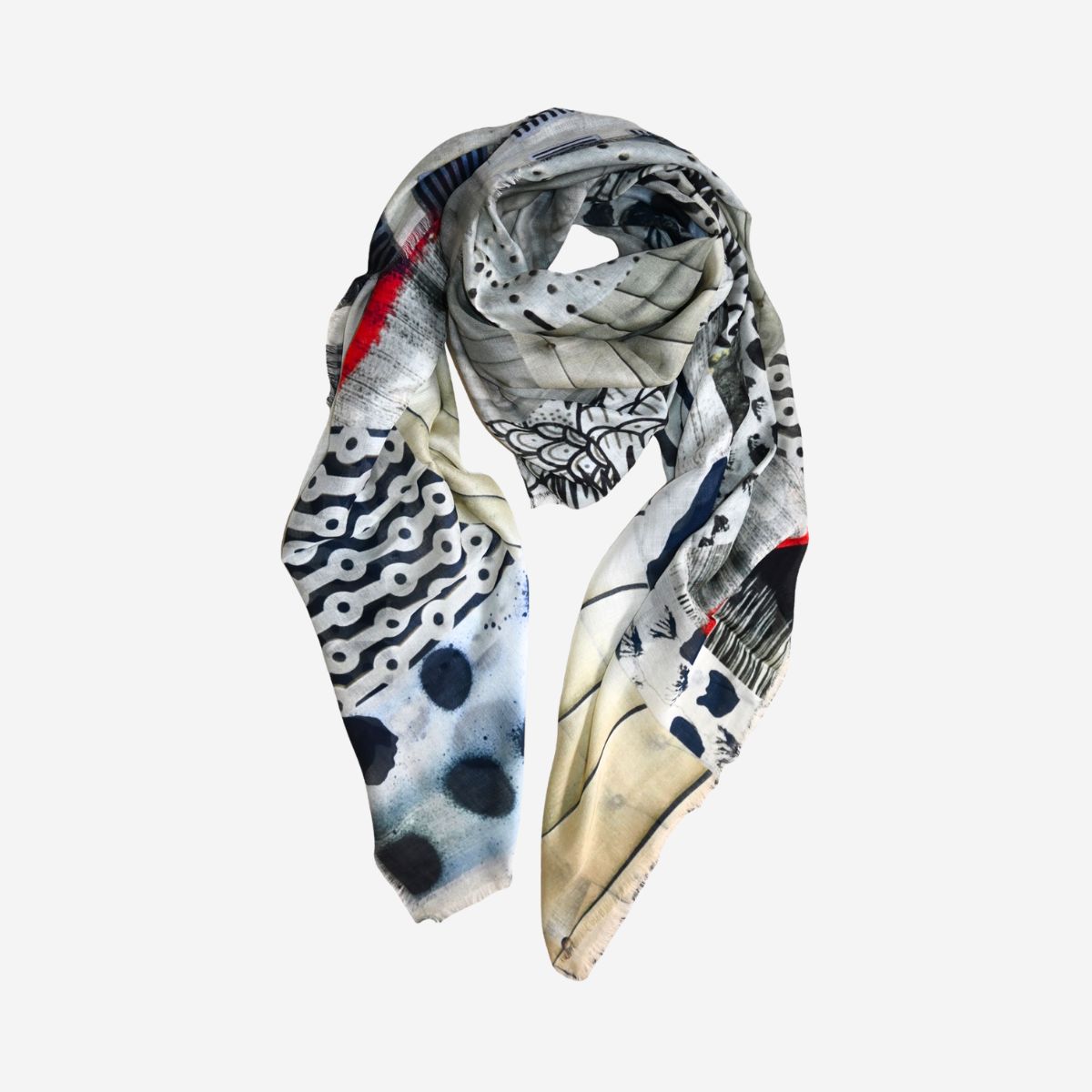 Multicolored patterned C'est La Vie Silk Scarf on a white background