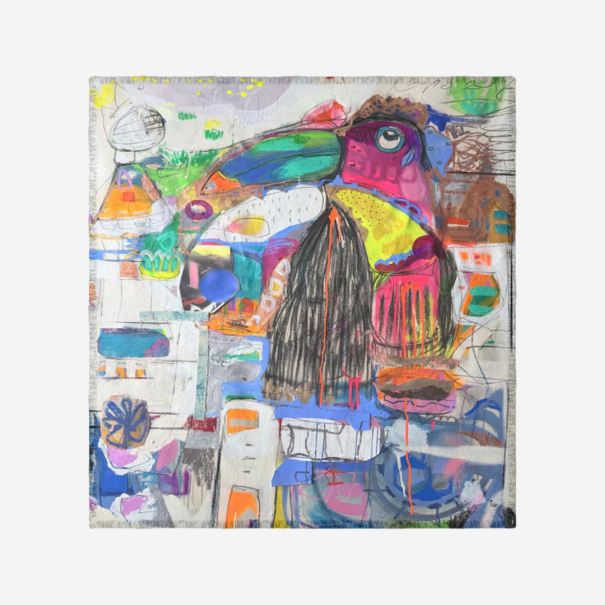 Colorful abstract painting of a bird with a cityscape background
