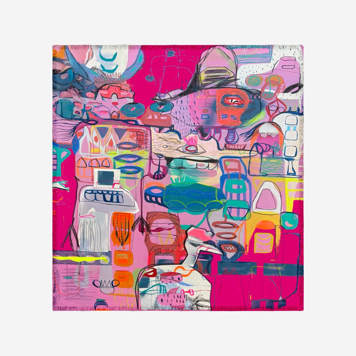 Bloom Silk Scarf by Isabelle Gougenheim shown flat, featuring a vibrant pink, teal, orange and blue abstract design with fringed edges.