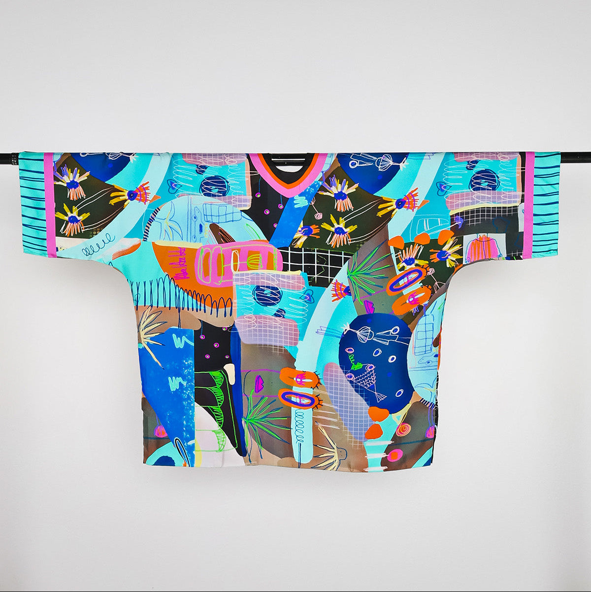 Colorful abstract patterned fabric on a white background