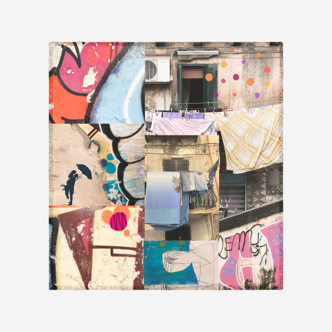 Moments Silk Scarf by Isabelle Gougenheim shown flat, featuring a vibrant pink and beige abstract design with fringed edges.