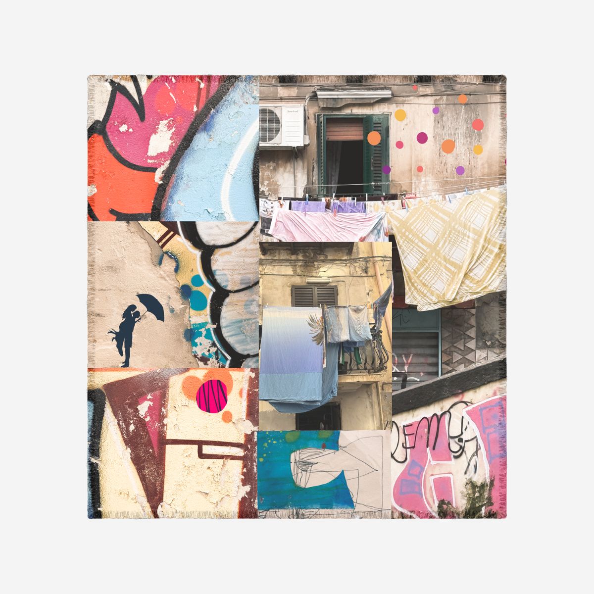 Moments Silk Scarf by Isabelle Gougenheim shown flat, featuring a vibrant pink and beige abstract design with fringed edges.